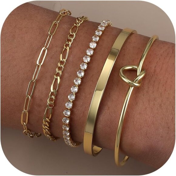 14K Real Gold-D Plated Bangle Cuff Non Tarnish Trendy Stack Bracelets for Women - Picture 2 of 7